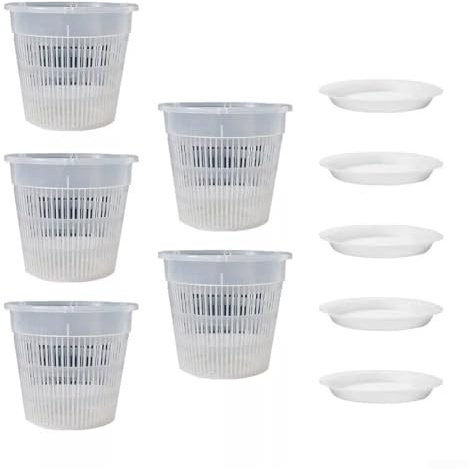 WIIYENA Lot de 5 pots à orchidée transparents - 16 x 14 cm, 19 x 16 cm - Avec soucoupes - En plastique transparent - Avec trous - 19 cm