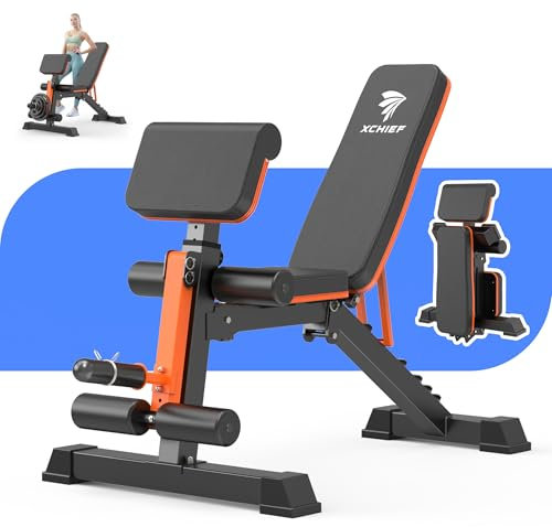 XCHIEF Banco de pesas ajustable – Prensa de banco de entrenamiento plegable resistente de 1000 libras con extensión de pierna y almohadilla de predicador, plano/inclinación/declinación, banco de
