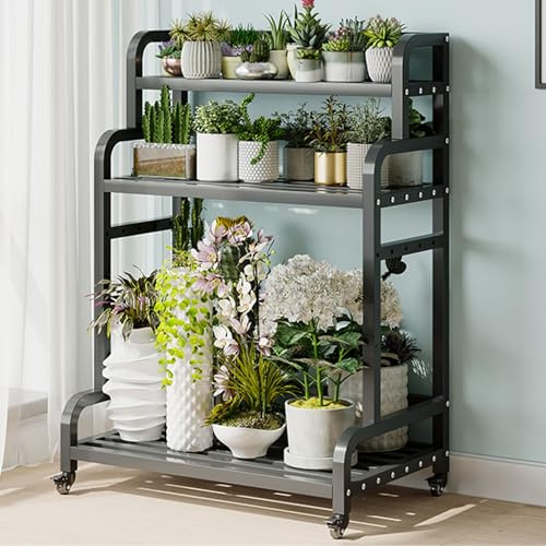 Support pour plantes en métal robuste de 119,2 cm avec roulettes, style escalier extérieur, grand présentoir à fleurs, décoration de jardin, salon (noir, 100 cm)