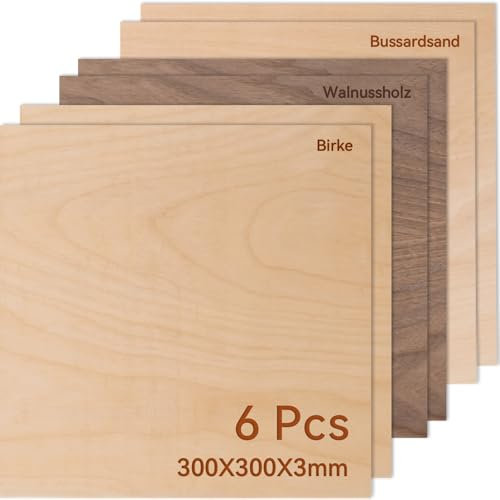 ROWOOD Sperrholzplatte 3mm 300x300mm 6Stück Walnuss Linde Birke holzplatte Zuschnitt Nach Maß Unbehandeltes Bastelhölzer Holz für Modellbau Laserschnit Laser Gravur Holz Brennen Malerei CNC