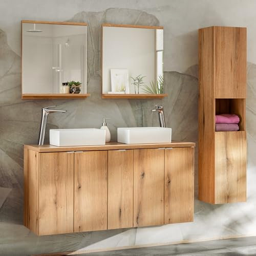 Lomadox Badezimmer Badmöbel Set 4-teilig, 140cm Doppelwaschtisch, in Eiche, geringe Tiefe (40cm)