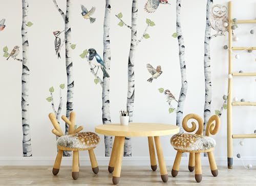 Osomhome | Wandtattoo Kinderzimmer Wanddeko Waldtiere I Wandsticker Jungenzimmer | Tapete Selbstklebend Wandbilder Jugendzimmer | Birken 200 cm und Vögel (Birken, XL)
