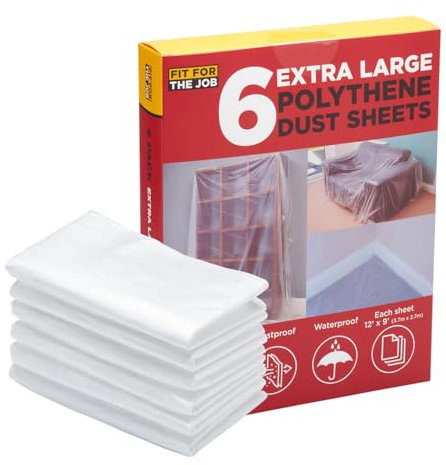 Fit For The Job 6 pack 12ft x 9ft (3.6m x 2.7m) Total 650 sqft Polythene Dust Sheets for Decorating Polythene Drop Cloth Dustproof & Waterproof for Protecting Floors & Furniture When Painting