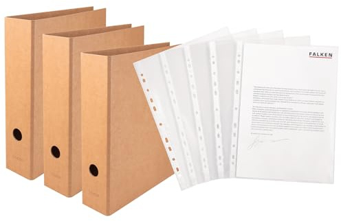 Original 3er Pack Vegan-Ordner Pure Nature inklusive 100er Economy PP-Kunststoff Prospekthüllen transparent genarbt. Made in Germany. 8 cm breit DIN A4 braun