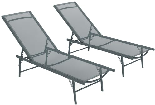 Outsunny Lot de 2 Bain de Soleil Pliants Textilène 90x65x112cm Gris Clair | Chaise Longue avec Appuie-Tête, Transat Jardin Extérieur Inclinable, Plage Camping Piscine Terrasse