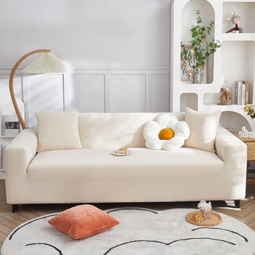 VanderHOME High Stretch Sofabezug Moderne einfach luxuriös Couch überzug Polyester Jacquard Elastische Sofahusse für Wohnzimmer Protector für Hunde Haustiere (3 Sitzer, Beige)