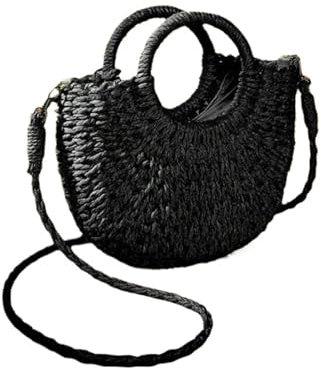 LIUHLFSR Stroh Handtasche Damen Große Handwoven Straw Rattan Half-Moon Beach Handbag Large Capacity Women Summer Hollow Out Crossbody Shoulder Bag Entworfen Für Die Reise Zum Strand Im Urlaub(Black)