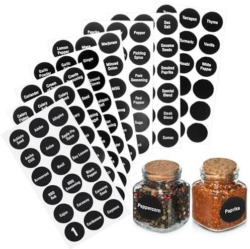 Spice Jars Labels, 144pcs Pre Printed Spice Labels, 1.5'' / 38mm Round Sticker, with 8 Numbers and 9 Blank, Waterproof, Self Adhesive Stickers for Kitchen Organization Pantry Storage