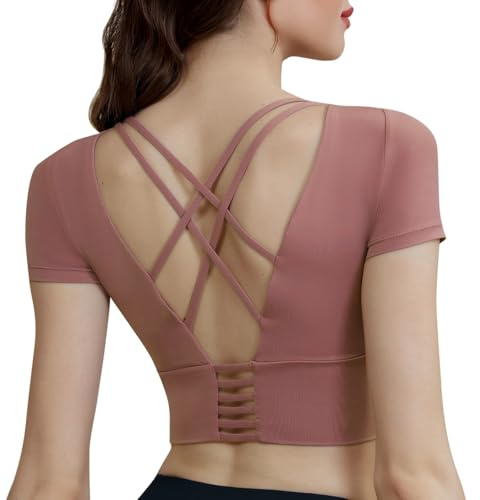 Maglia sportiva a maniche corte da donna con reggiseno integrato e schiena aperta, top da palestra in nylon-spandex, disponibile in diverse taglie e tonalità