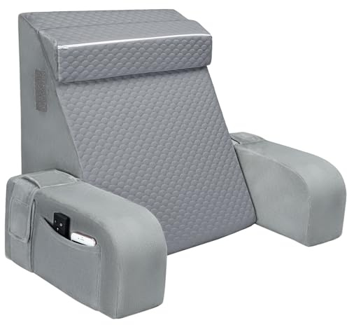 Reading Pillow, Bed Rest Pillow with Neck Roll & Detachable Arm Support, Adult Backrest with Washable Cover, Adult Back Cushion Sitting in Bed, Couch or Floor for Watching TV/Gaming (Grey)