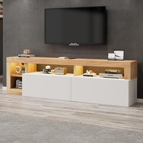Generisch Meuble TV Moderne pour Téléviseurs Jusqu'À 80 Pouces, Espace De Rangement Ouvert avec Voyant LED, Adapté À L'Armoire De Chambre Et De Salon, Cadre en Bois d'origine, Porte D'Armoire Blanche