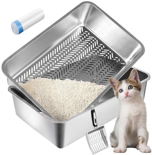 AOTECC XXL 23.6 L x 15.7 W x 8 H Stainless Steel Sifting Litter Box for Pine Pellets, Metal Litter Pan for Big Cats, Non Clumping Sifter Litter System with Liners Scoop, Odor Control, Easy Clean