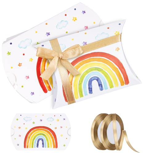Foshird 50 Stück Klein Geschenkboxen Regenbogen mit Satinband Gold - Gastgeschenke geburtstag Party Deko Kissen Geschenkschachteln Kissenschachtel - 9*6.5cm