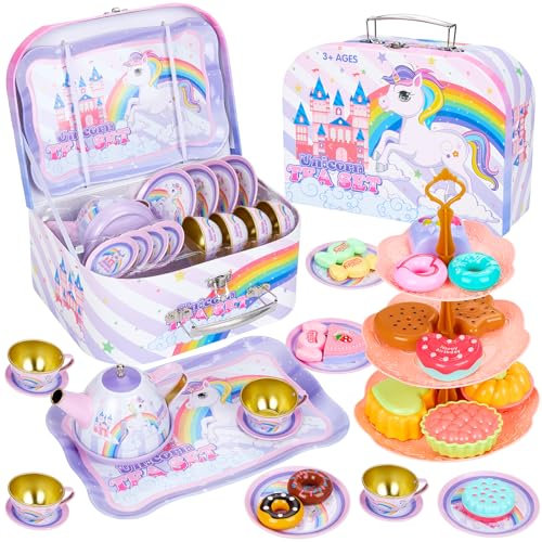 Hovetne 33 PCS Tea Set for Toddlers, Kids Tea Party Pretend Play Toy with Dessert Toy, Plates, Teapot, Childrens Tin Play Sets for Girls Aged 3 4 5 6 7 8, Unicorn