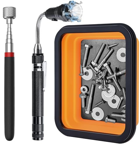 3PCS Magnetic Telescoping Pickup Toolkit, Preciva 15LB Magnet Stick, Flexible 360° LED Flashlight with Magnetic Tip, Foldable Magnetic Tray, Ideal for Retrieving Screws, Nuts, Tools in Tight Spaces