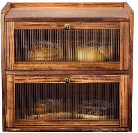 Bread Box for Kitchen Countertop Wooden Bread Storage Container Bin 2 Layer Corner Breadbox Large Capacity, Vintage Farmhouse Food Organizer Pantry Shelf with Window Brown Pine Wood