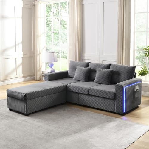 Arhatreya 3 Sitzer L-Form Sofa Gästesofa Modern Couch, 3er Sitzsofa mit Ottoman und LED-Beleuchtung, Polstersofa für Wohnzimmer, Schlafzimmer, Wohnung, Gästezimmer, Cord, Grau
