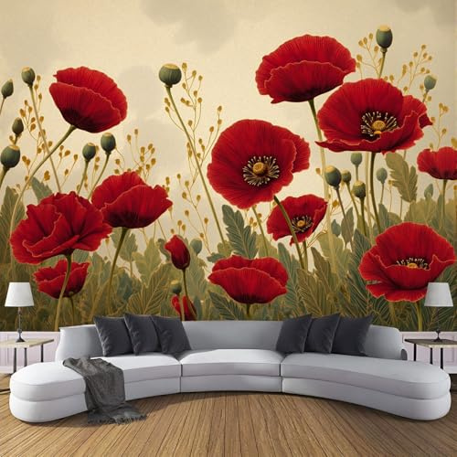 ZISTRCBAO Carta Da Parati Panoramica in Seta Papavero Acquerello 200x140cm, Fiore D'Epoca Carta Da Parati Fotomurale per Soggiorno Camera Ristorante Decorazione Da Parete, Rosso