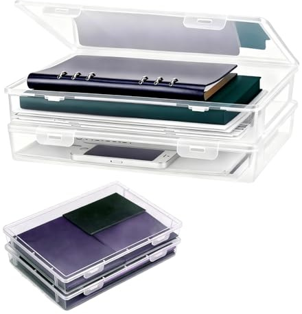 A4 Paper Storage Plastic Box, 2 Pcs Stackable Really Useful Clear File Boxes with Lids for Document Photo Book Files Paperwork Etc, Transparent Portable Art Organiser