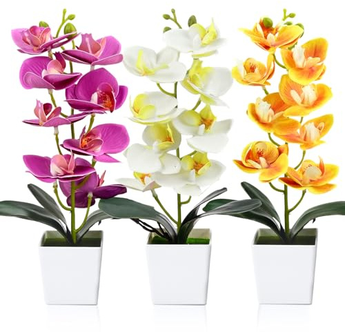 3 Orchideen künstlich - 30cm Kunstblumen & -Pflanzen, Phalaenopsis Kunstpflanze, Blumen im Topf, Kunstblumen wie echt, Weiß Rosa Blumen Dekoblume Kunstpflanze für Wohnzimmer Büro Dekoration (Gelb)