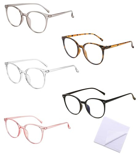 VVQWCY 5-pack blåljusfilter glasögon för kvinnor utan tjocklek, blå filter glasögon för män, blått ljusglas anti-blått ljus skärmglasögon med en linsduk