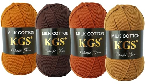 KGS Baumwollgarn Set – Weiches Baumwollmischgarn zum Stricken & Häkeln, 4 × 50 g Knäuel (200 g Gesamtgewicht), Strapazierfähiges Handarbeitsgarn für DIY & Bastelprojekte (Braune Nuancen)