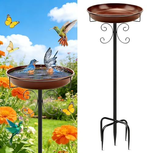 JIURUIFFC Vogeltränke Stehend, Vogelbad für Draußen Garten mit 5-Prong Basis – Großes Metall Vogelbecken Ø31 cm, Rostfrei & Wetterfest, Vogeltränke Futter Wasserschale Terrasse Garten Deko, Braun