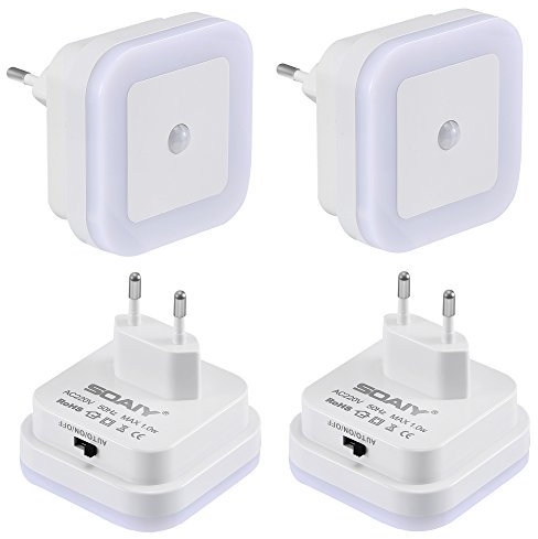 SOAIY Lot de 4 LED Veilleuse avec détecteur de mouvement Capteur crépusculaire Auto/Prise On/Off économie d'énergie Lumière Capteur PIR Lampe d'orientation Blanc Chaud Escalier…