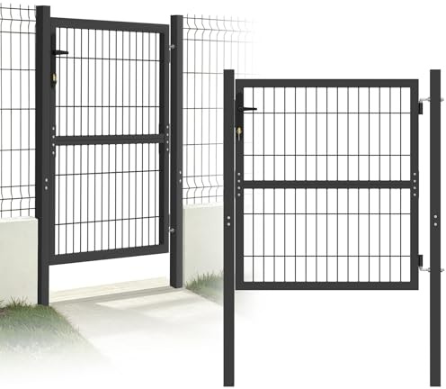 Froadp 100x100cm Garten Flügeltore Verzinkt Einzel Wellengitter Gartentor mit Türpfosten Kunststoffgriffe und Einsteckschloss Hoftür Zauntür für Garten Lagerhäusern Baustellen(Anthrazit)