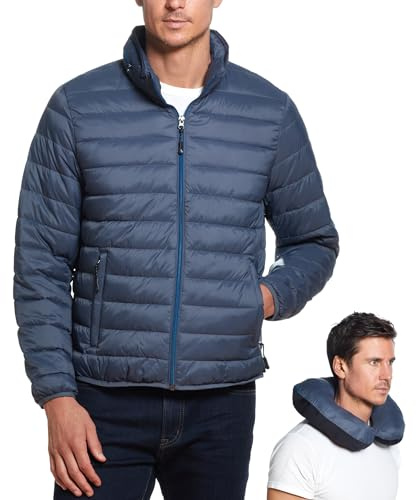 Weatherproof Men's Puffer Jacket, Lightweight Alternative Down Jacket with Packable Travel Neck Pillow, Travel-Ready Winter Jackets for Men, Water & Wind Resistant, Pewter, Large