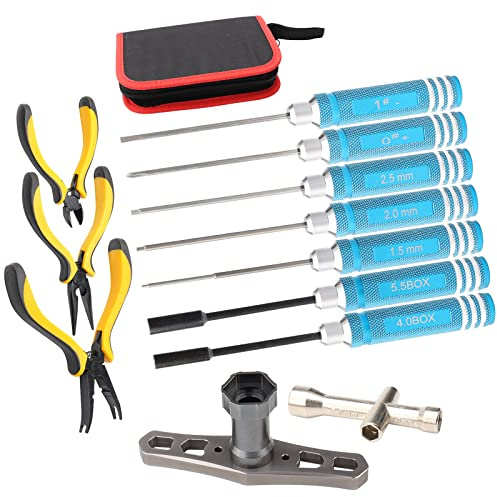 Pxyelec 10 in 1 RC Tools Kit with Screwdriver Pliers Hex Socket for Models | Includes Hex Sleeve Socket, Ideal for RC Cars, Boats, Quadcopters and Helicopters