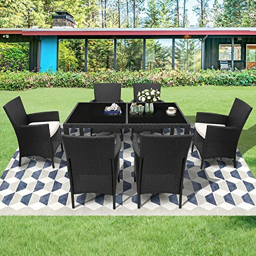 Mingfuxin 7-teiliges Garten-Esstisch und Stühle, Outdoor-Rattan-Möbel-Set mit rechteckiger Glasplatte, wetterfest, Rattan, Wintergarten, 6-Sitzer, Terrassenmöbel-Set (schwarz)