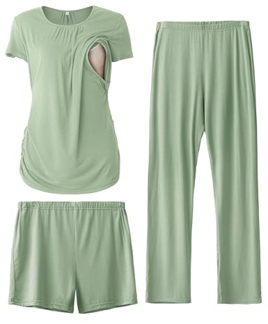 SUNNYBUY Women's Maternity Nursing Pyjamas Set, Short Sleeve Breastfeeding Shirts，Pregnancy Shorts & Pants 3 Piece Maternity Clothes Nightwear, Greyish-green L