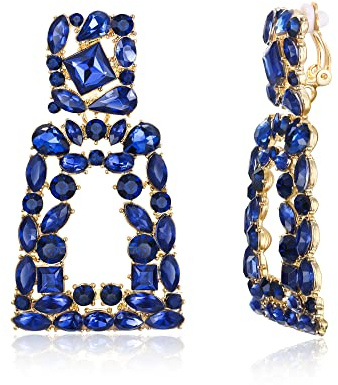 EVER FAITH Rechteckige Ohrclips für Damen funkelnde Strasssteine geometrische Statement Ohrringe Clips on Navy Blau