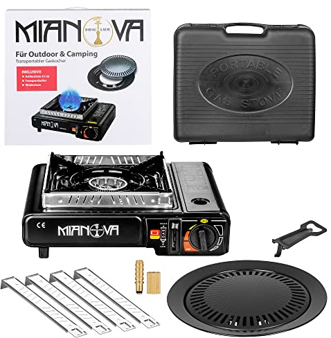 Mianova Campingkocher Set Outdoor Gaskocher BBQ Anzünder Grill Notfallkocher Gaskartuschen Gas Kocher Tisch Herd 1 flammig Grillplatte Kartuschen