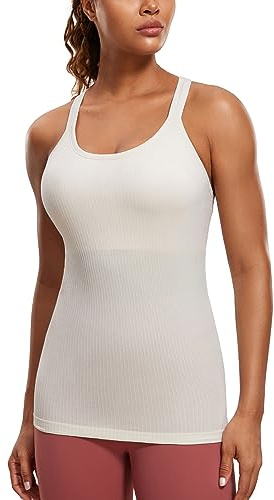 CRZ YOGA Racerback Yoga Tank Top vadderad utan remmar Sporttopp Seamless Långa Tanktoppar Fitness Gym Toppar Vit aprikos M