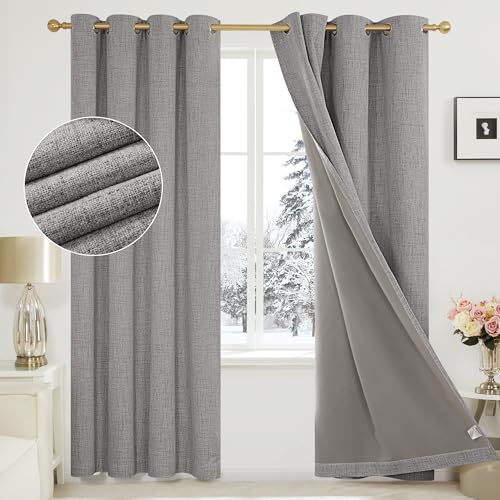 Deconovo 100% Blackout Curtains Eyelet 84 Inch Drop, Faux Linen Door Thermal Curtains with Coating Back Layer for Living Room, 52 x 84 Inch(Width x Length), Light Grey, One Pair