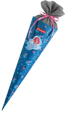 Step by Step Schultüte „Mermaid Lola“, passend zum Schulranzen, aus recycelten PET-Flaschen, Verschluss aus Stoff, 5L Füllvolumen, 70 cm Höhe, für die 1. Klasse, blau
