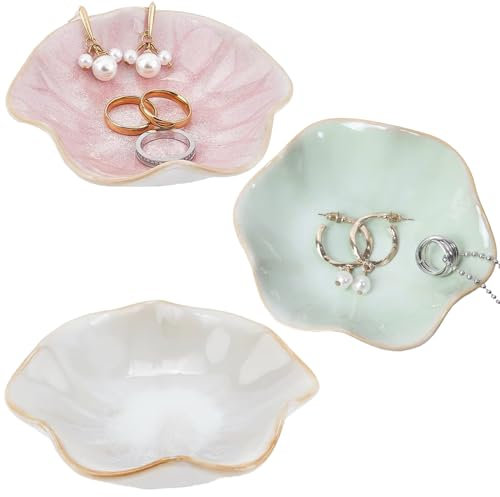 CHENKEE 3 Pièces Plat à Bijoux en Céramique, Feuille Clés Lateau à Bijoux Feuille Plateau à clés Plat de Bijoux de Fleur Cadeau de Noël (Rose, Blanc, Vert)