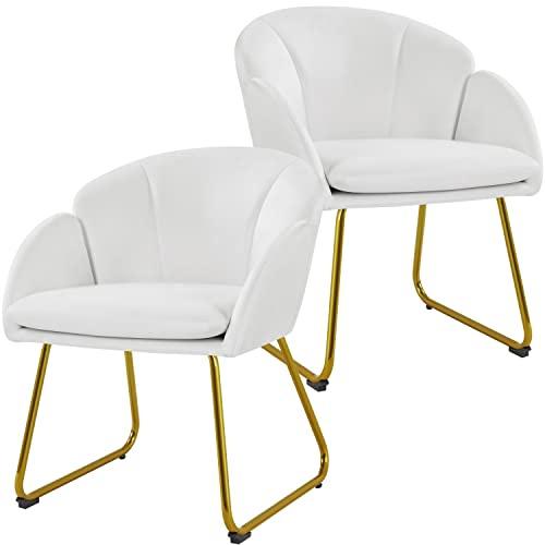 Yaheetech Esszimmerstühle 2er Set modern, Küchenstuhl in Blumenform, Sessel Polsterstuhl mit Metallbeinen Gold, für Wohnzimmer/Esszimmer Weiß