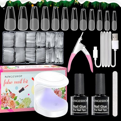 NINGESHOP Kit Pose Americaine Ongles, 12 Tailles Capsule Ongle Kit, 605 Pcs De Longs Ongles à Presser Transparents, Mini Lampe UV, Colle à Ongles Pour L'extension D'ongles En Acrylique