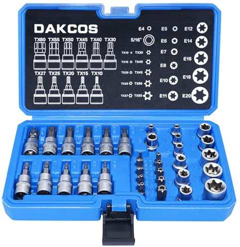 DAKCOS 34tlg Innen Außen Torx Steckschlüssel und Bit Satz Sechskant | E4-E20 Nuss | T10-T60 Torxsatz | Stecknüsse Biteinsätze Nusssatz | Nüsse aus CR-V | Bit aus S2