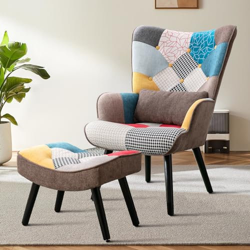 Matomn Relaxsessel mit Hocker Patchwork Sessel Holz Sessel Wohnzimmer moderner Ohrensessel mit Massivholzfüße Fernsehsessel Leinen Loungesessel Stuhl Braun