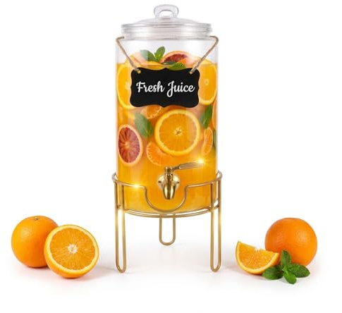 Drink Dispensers for Parties 1 Gallon, Bevarage Dispenser with Stand,Glass Drink Dispenser With Stainless Steel Spigot + Marker & Chalkboard, Ideal for Lemonade,Juice, Tea, and Party Drinks