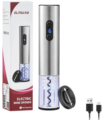 ELMWAY VinoLux Series Rechargeable Electric Wine Opener by ELMWAY – Electric Corkscrew with Dual LED Lights, Brushed Stainless Steel Body & Foil Cutter – Silver