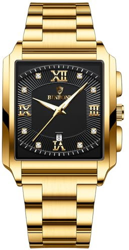 JewelryWe Square Tank Luminous Watches: Men Gold Black Tank Business Date Waterproof Analogue Quartz Rectangular Big Face Stainless Steel Wristwatch