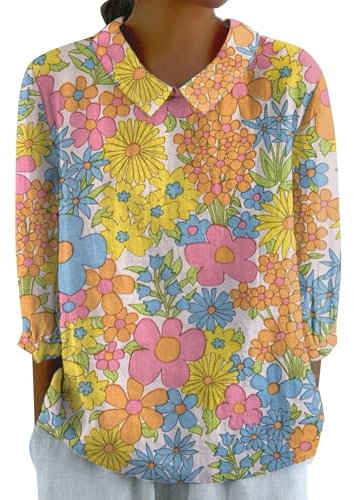 Chemise Lin Femme Coton Et Lin Chemisier Col en V Bouton à Manches 3/4 Tops Femme Chic et élégant Blouses Couleur Unie LâChe T-Shirts Grande Taille Pas Cher Imprimé Tunique Top (1#5-Yellow, L)