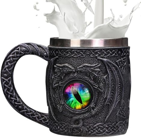 Generisch Chope à bière 450 ml Dragon Eye Chope à boire Tasse à café Tonneau en bois fait à la main Acier inoxydable Résine Chope à bière médiévale Donjons Chope à bière pour hommes, amateurs de