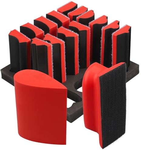 PMIQSA 16-Piece Hand Sanding Blocks Set Contoured Profile Sanding Pads with Hook and Loop Concave Shapes for Woodworking Furniture Auto Paint and Crafts Red