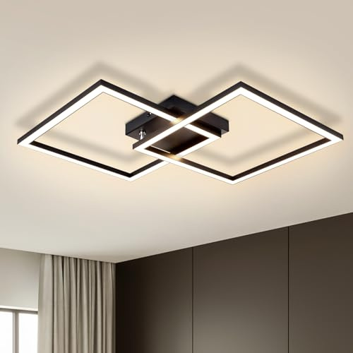 Homefire Deckenleuchte Wohnzimmer LED Deckenlampe 65cm - 24W Modern | Wohnzimmerlampe Schwarz Schlafzimmerlampe Decke 3000K Warmweiß Eckig Design Deckenbeleuchtung für Schlafzimmer Küche